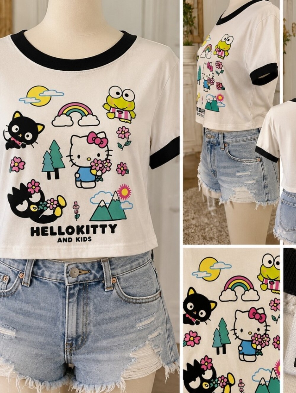 Hello Kitty White Crop Tee with Black Trim and Colorful Friends Graphic